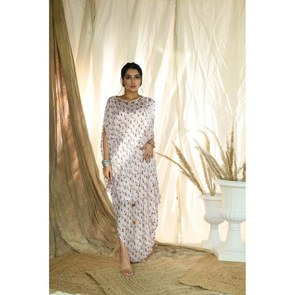 Aaryaa By Kashveen Kohli Baby Pink Floral Print & Brocade Kaftan Dress With Slip