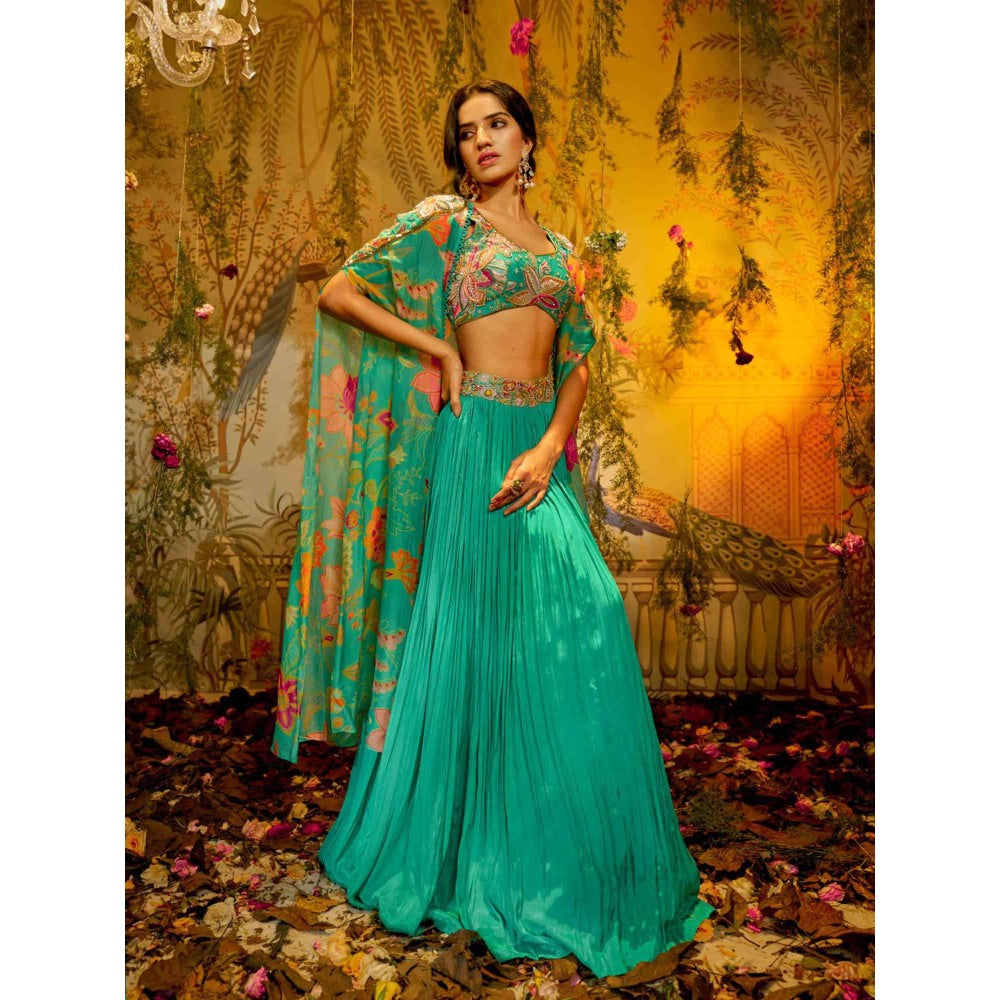 Aayushi Maniar Madhvi Cape Lehenga with Blouse Turquoise (Set of 3)