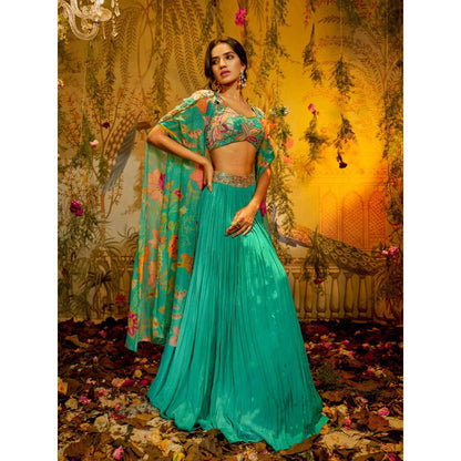 Aayushi Maniar Madhvi Cape Lehenga with Blouse Turquoise (Set of 3)