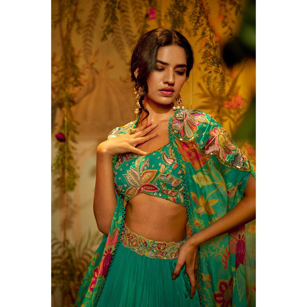 Aayushi Maniar Madhvi Cape Lehenga with Blouse Turquoise (Set of 3)