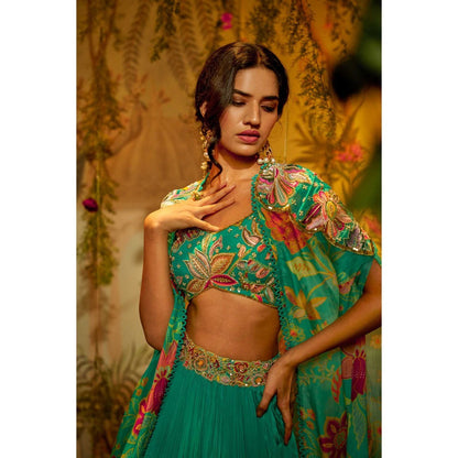 Aayushi Maniar Madhvi Cape Lehenga with Blouse Turquoise (Set of 3)
