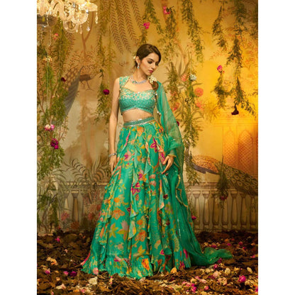 Aayushi Maniar Chameli Frill Lehenga and Blouse with Dupatta Turquoise (Set of 3)