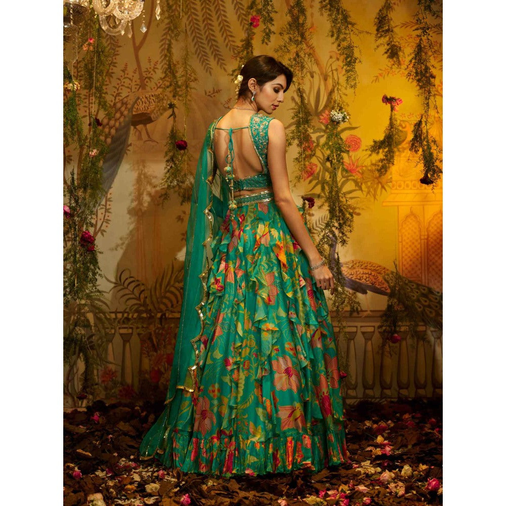 Aayushi Maniar Chameli Frill Lehenga and Blouse with Dupatta Turquoise (Set of 3)