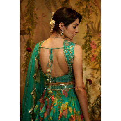 Aayushi Maniar Chameli Frill Lehenga and Blouse with Dupatta Turquoise (Set of 3)
