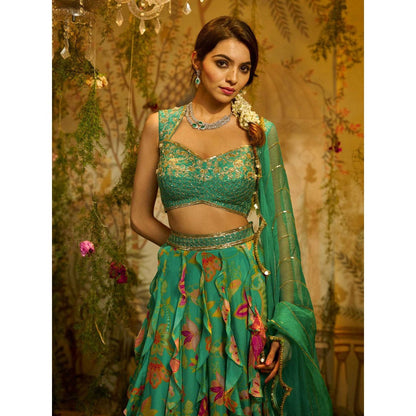 Aayushi Maniar Chameli Frill Lehenga and Blouse with Dupatta Turquoise (Set of 3)