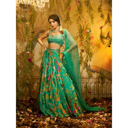 Aayushi Maniar Chameli Frill Lehenga and Blouse with Dupatta Turquoise (Set of 3)