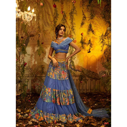Aayushi Maniar Gulmohar Lehenga with Blouse and Dupatta Blue (Set of 3)