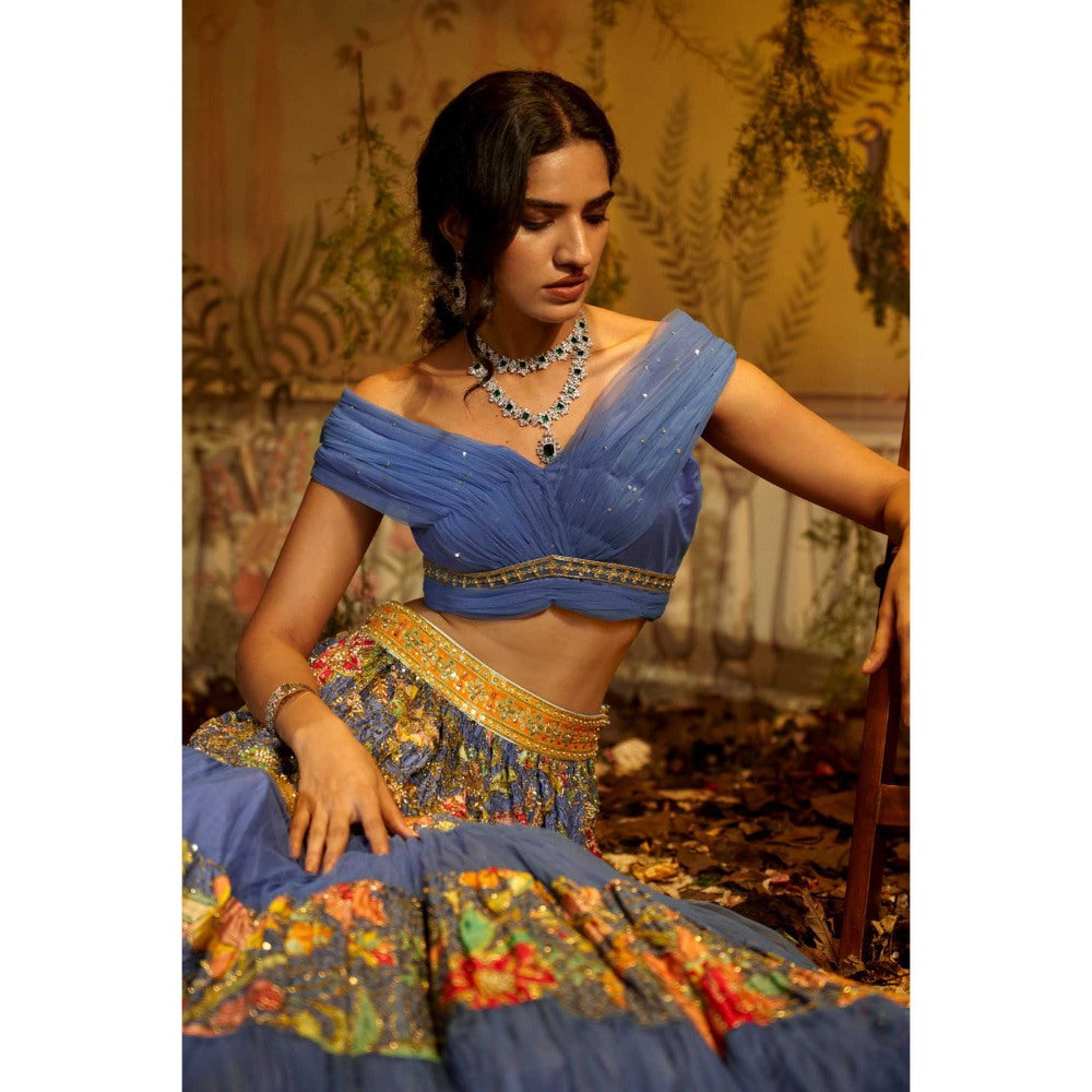 Aayushi Maniar Gulmohar Lehenga with Blouse and Dupatta Blue (Set of 3)
