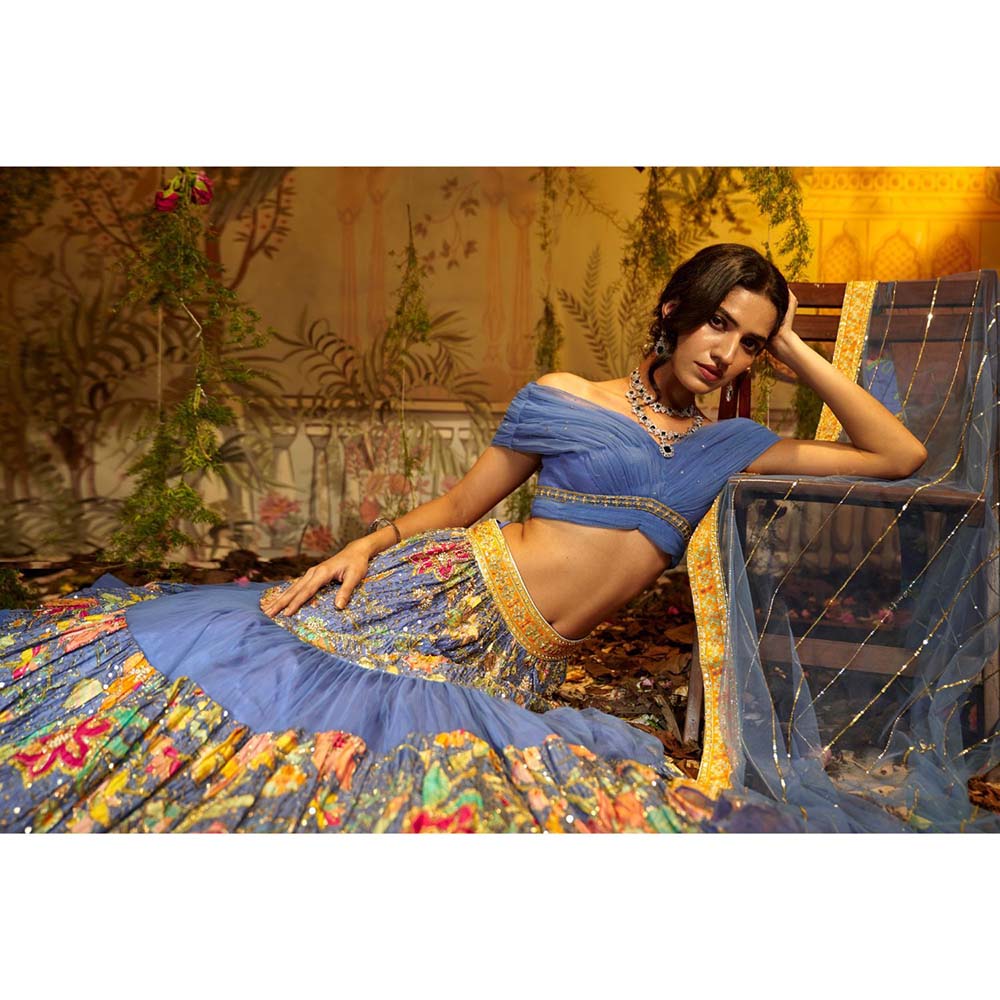 Aayushi Maniar Gulmohar Lehenga with Blouse and Dupatta Blue (Set of 3)