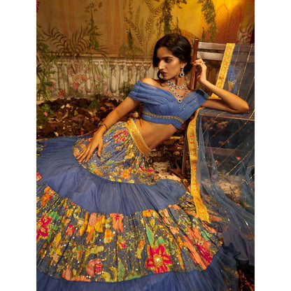 Aayushi Maniar Gulmohar Lehenga with Blouse and Dupatta Blue (Set of 3)