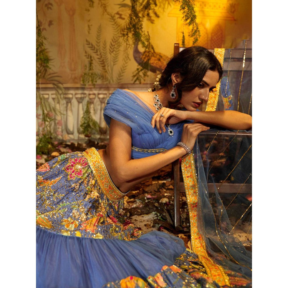 Aayushi Maniar Gulmohar Lehenga with Blouse and Dupatta Blue (Set of 3)