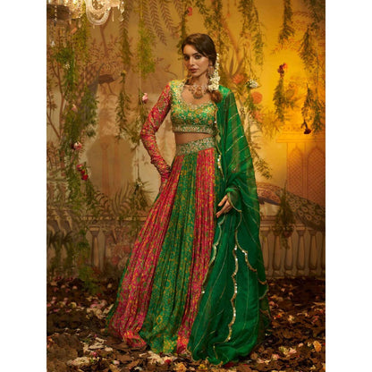 Aayushi Maniar Raat Rani Lehenga and Blouse with Dupatta Green (Set of 3)