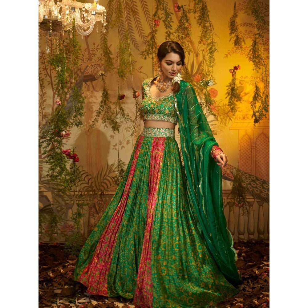 Aayushi Maniar Raat Rani Lehenga and Blouse with Dupatta Green (Set of 3)