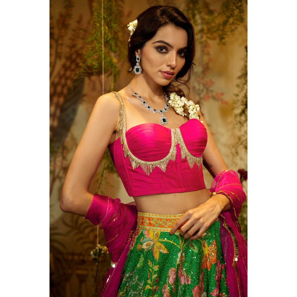 Aayushi Maniar Gulabo Lehenga with blouse and Dupatta Green (Set of 3)