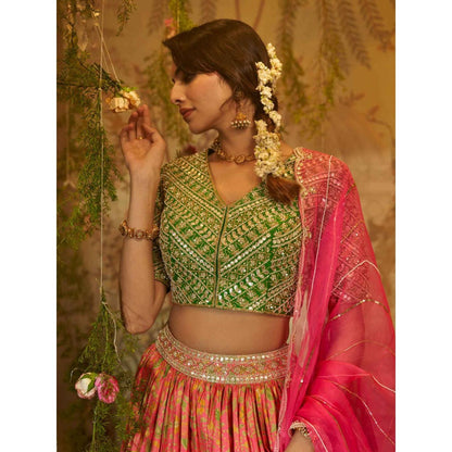 Aayushi Maniar Gull-Mehendi Lehenga with Blouse and Dupatta Green (Set of 3)