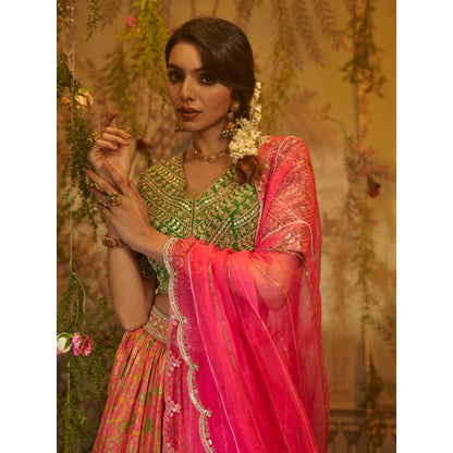 Aayushi Maniar Gull-Mehendi Lehenga with Blouse and Dupatta Green (Set of 3)