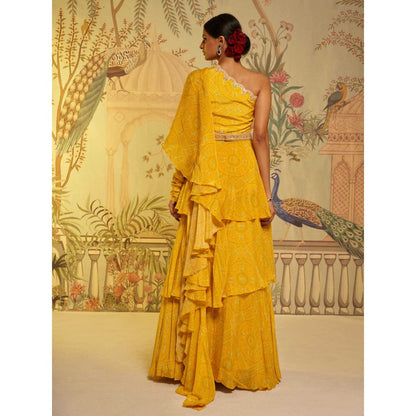 Aayushi Maniar Bandhani Frill Saree Yellow with Stitched Blouse