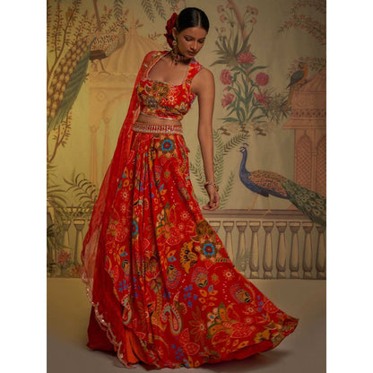 Aayushi Maniar Floral Lehenga with Blouse and Dupatta Red (Set of 3)