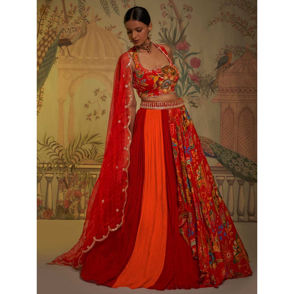 Aayushi Maniar Floral Lehenga with Blouse and Dupatta Red (Set of 3)
