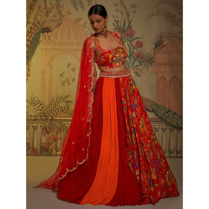 Aayushi Maniar Floral Lehenga with Blouse and Dupatta Red (Set of 3)
