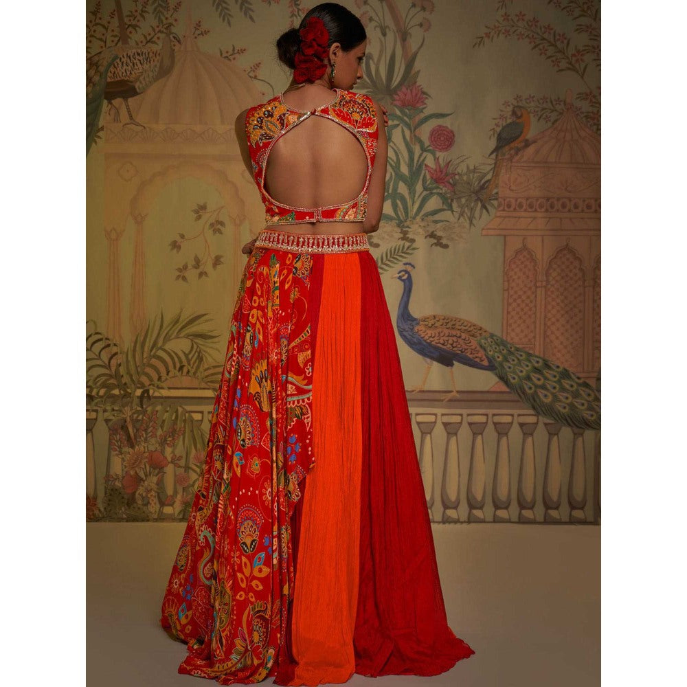 Aayushi Maniar Floral Lehenga with Blouse and Dupatta Red (Set of 3)
