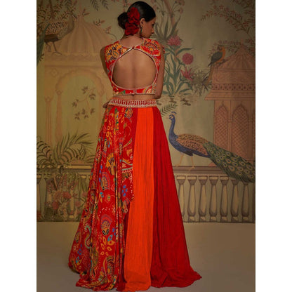 Aayushi Maniar Floral Lehenga with Blouse and Dupatta Red (Set of 3)