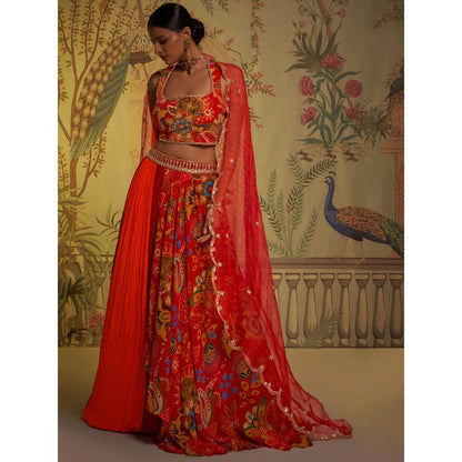 Aayushi Maniar Floral Lehenga with Blouse and Dupatta Red (Set of 3)