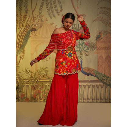 Aayushi Maniar Scarlet Phulvaari One Shoulder Gharara and Tunic Red (Set of 2)