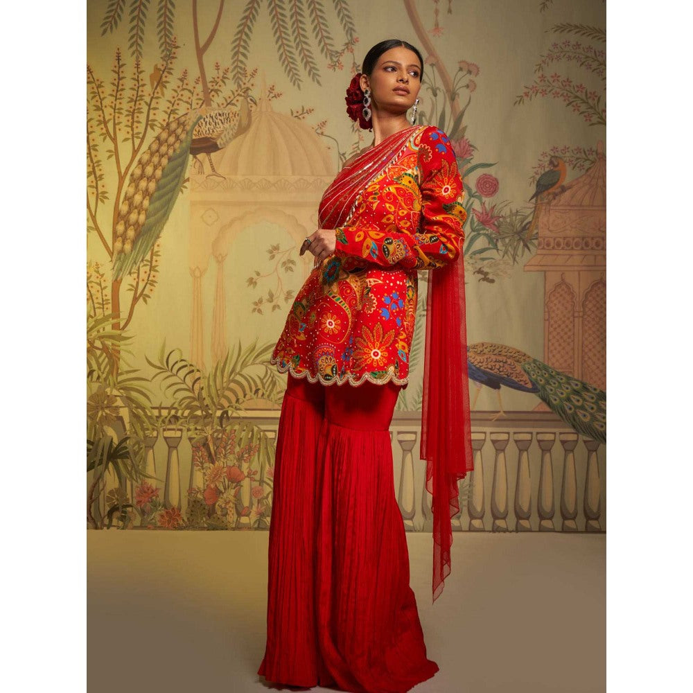Aayushi Maniar Scarlet Phulvaari One Shoulder Gharara and Tunic Red (Set of 2)