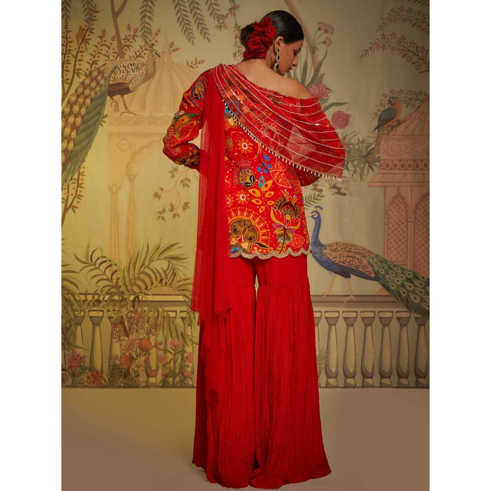 Aayushi Maniar Scarlet Phulvaari One Shoulder Gharara and Tunic Red (Set of 2)