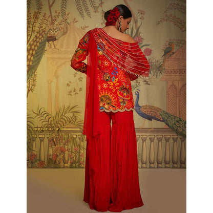 Aayushi Maniar Scarlet Phulvaari One Shoulder Gharara and Tunic Red (Set of 2)