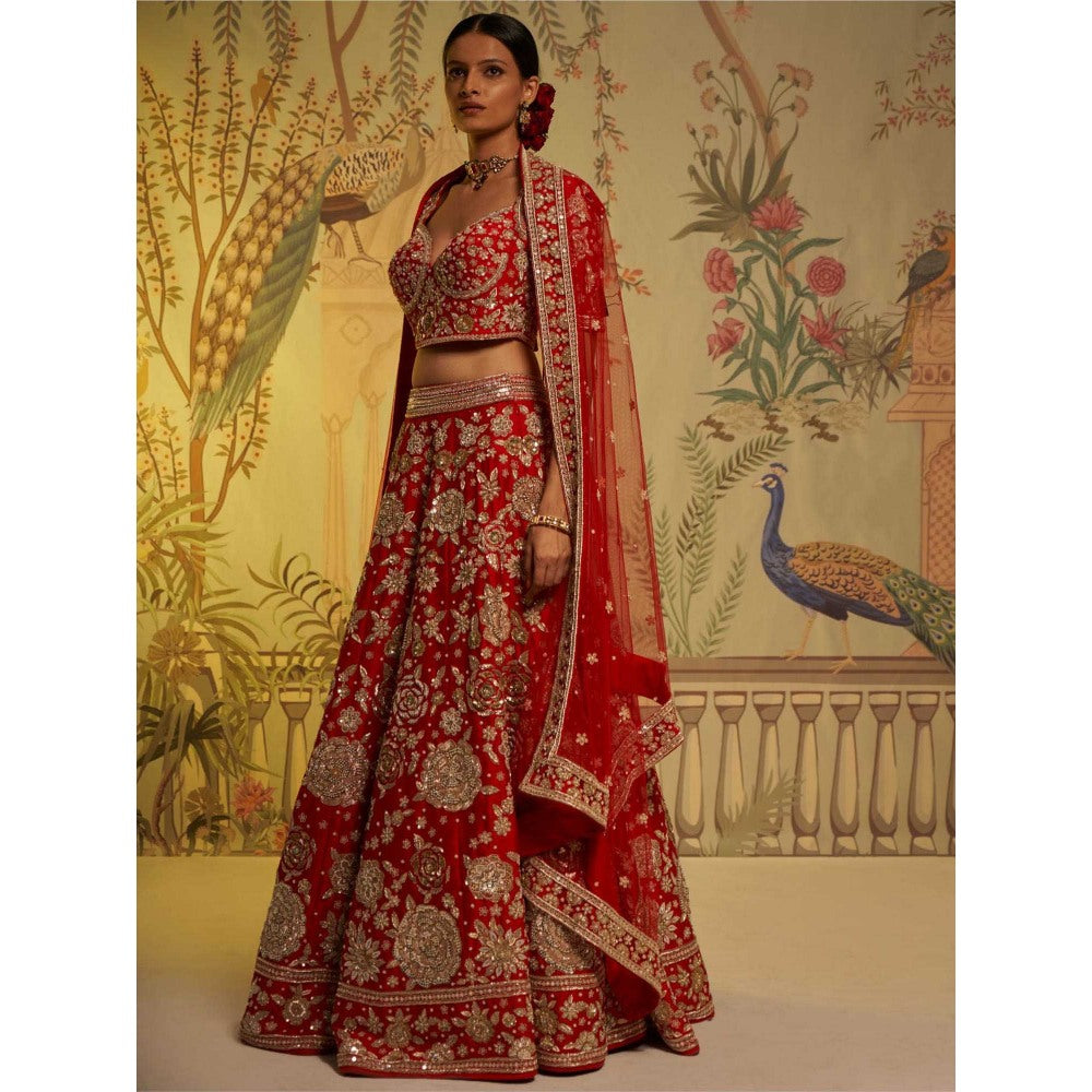 Aayushi Maniar Guldasta Bridal Lehenga with Blouse and Dupatta Red (Set of 3)