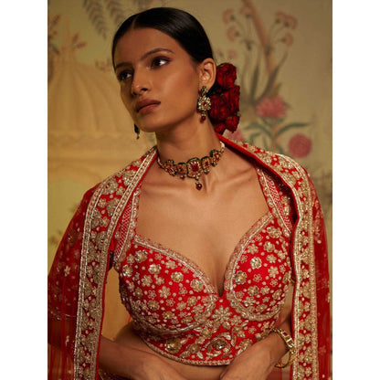 Aayushi Maniar Guldasta Bridal Lehenga with Blouse and Dupatta Red (Set of 3)
