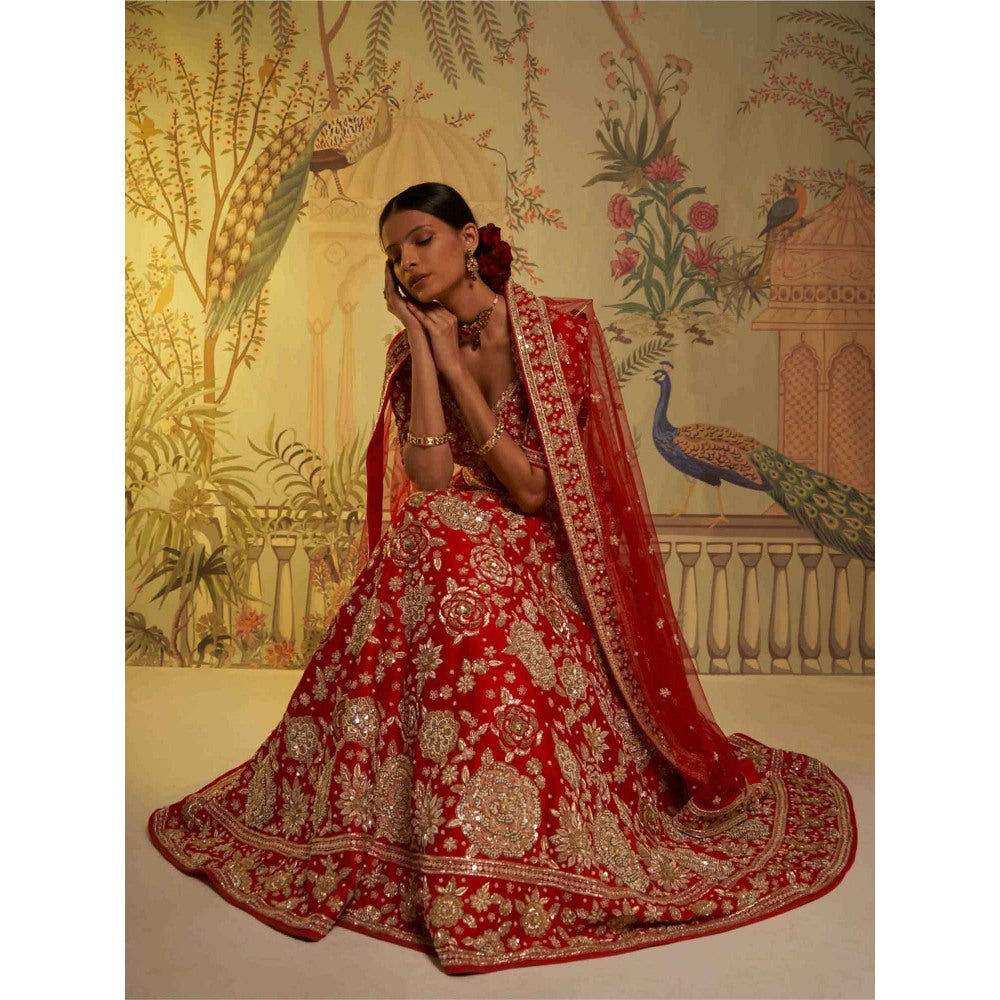 Aayushi Maniar Guldasta Bridal Lehenga with Blouse and Dupatta Red (Set of 3)