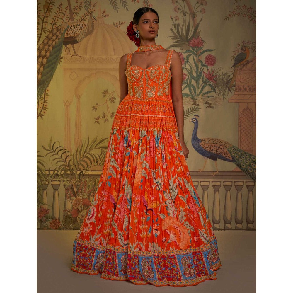 Aayushi Maniar Tangerine Corset Anarkali Kurta with Dupatta Orange (Set of 2)