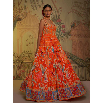 Aayushi Maniar Tangerine Corset Anarkali Kurta with Dupatta Orange (Set of 2)