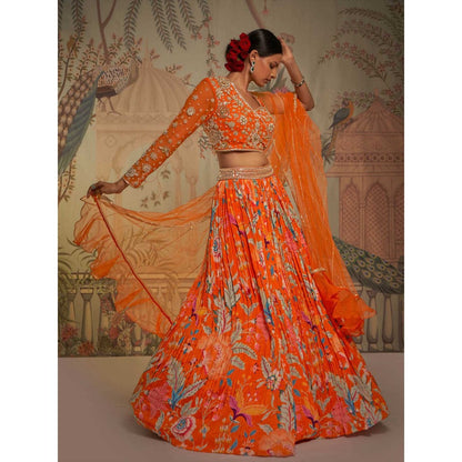 Aayushi Maniar Tangerine One Shoulder Lehenga and Blouse with Dupatta Orange (Set of 3)