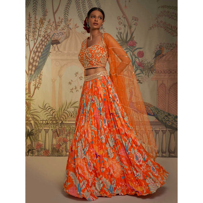 Aayushi Maniar Tangerine One Shoulder Lehenga and Blouse with Dupatta Orange (Set of 3)