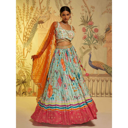 Aayushi Maniar Aqua Criss Crosss Strap Blouse and Lehenga with Dupatta Blue (Set of 3)