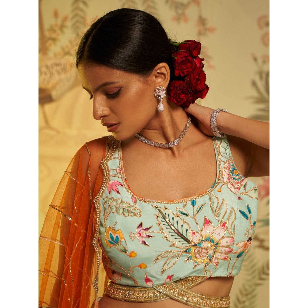 Aayushi Maniar Aqua Criss Crosss Strap Blouse and Lehenga with Dupatta Blue (Set of 3)