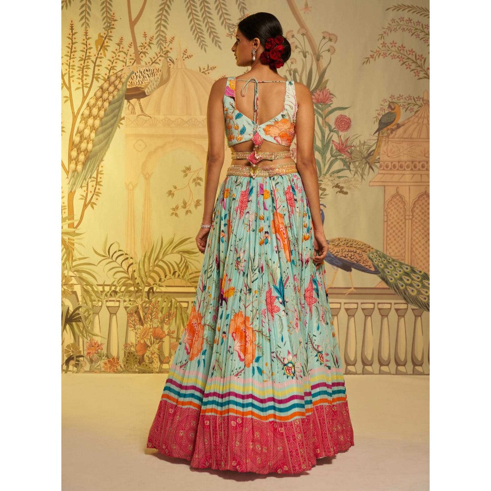 Aayushi Maniar Aqua Criss Crosss Strap Blouse and Lehenga with Dupatta Blue (Set of 3)