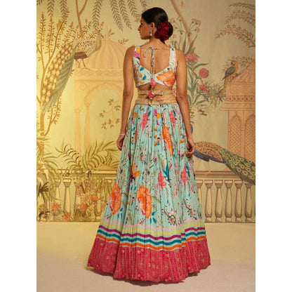 Aayushi Maniar Aqua Criss Crosss Strap Blouse and Lehenga with Dupatta Blue (Set of 3)