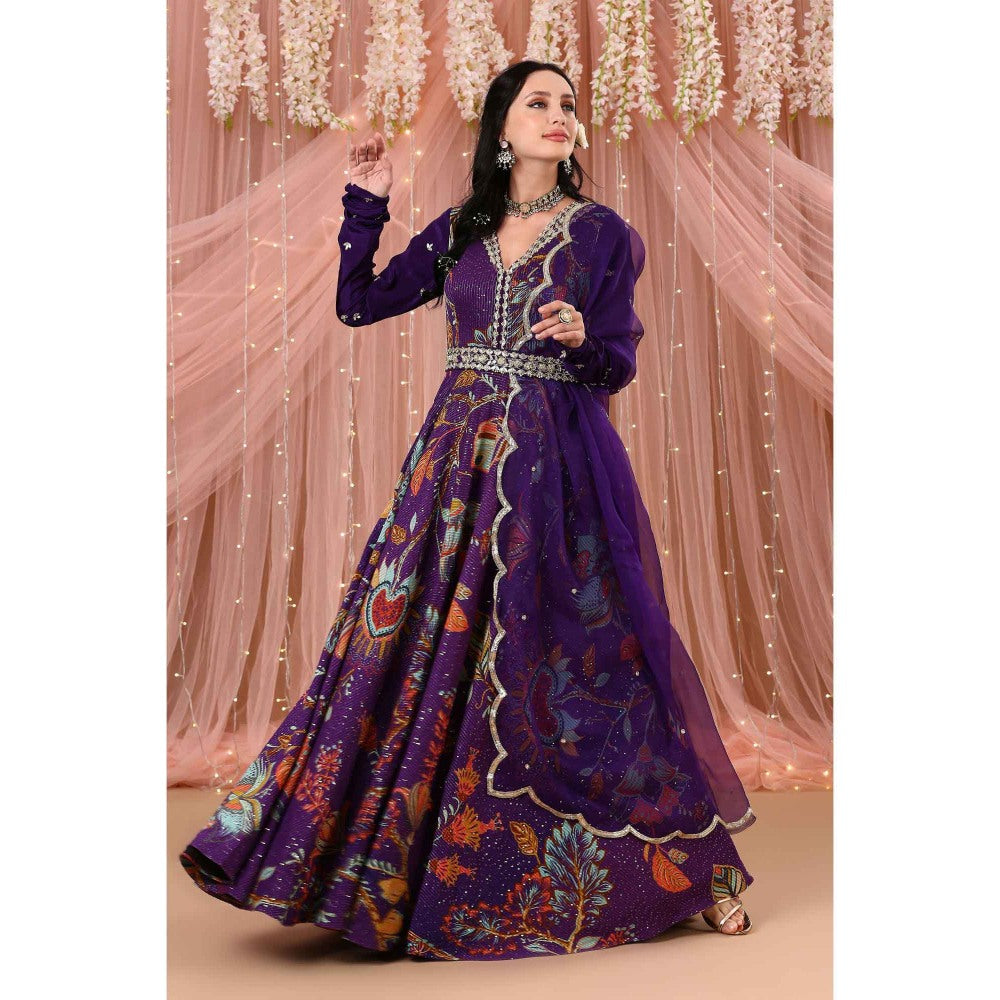 Aayushi Maniar Anarkali Kurta with Belt and Dupatta Purple (Set of 3)