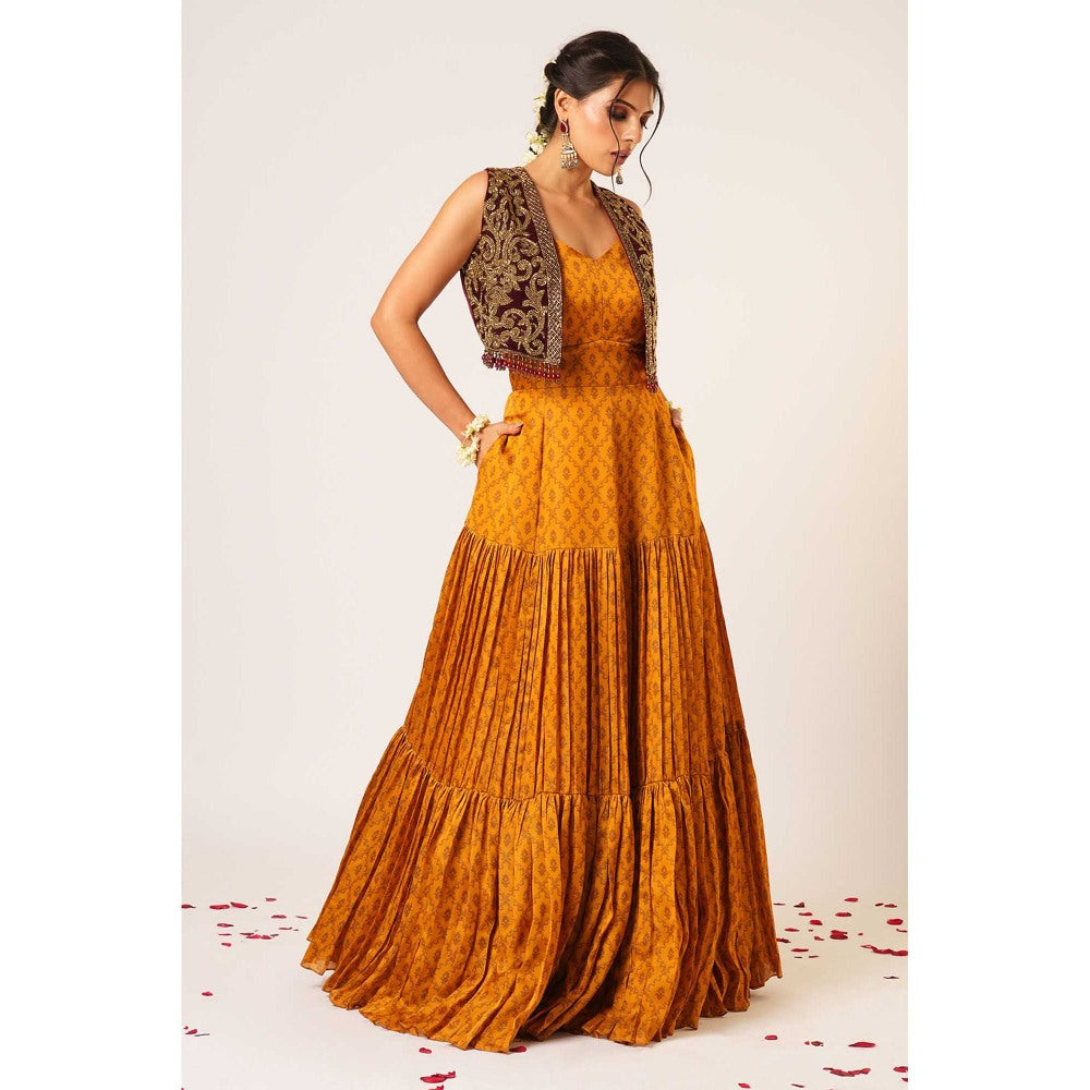 Aayushi Maniar Mustard Tarini Anarkali with Jacket (Set of 2)