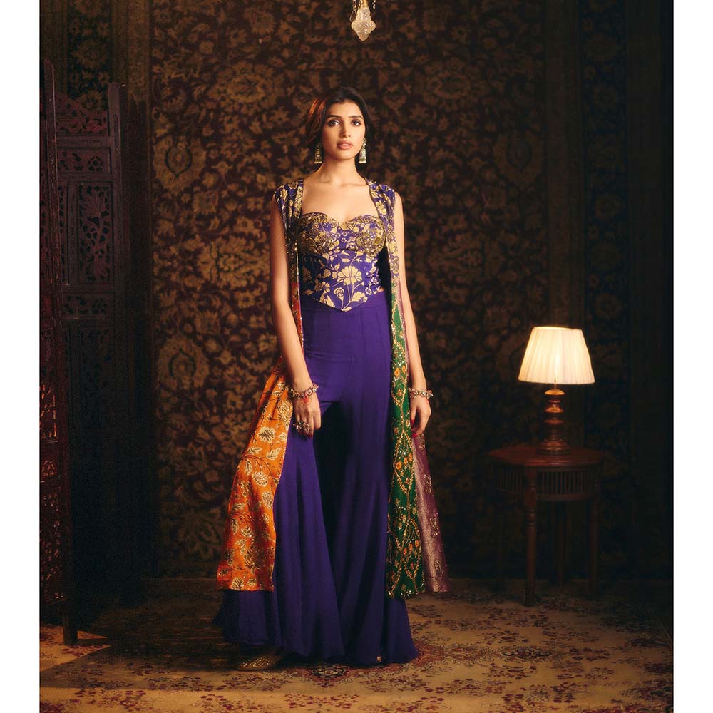 Aayushi Maniar Blue Arundhati Kalidar Jacket with Corset Top and Sharara (Set of 3)