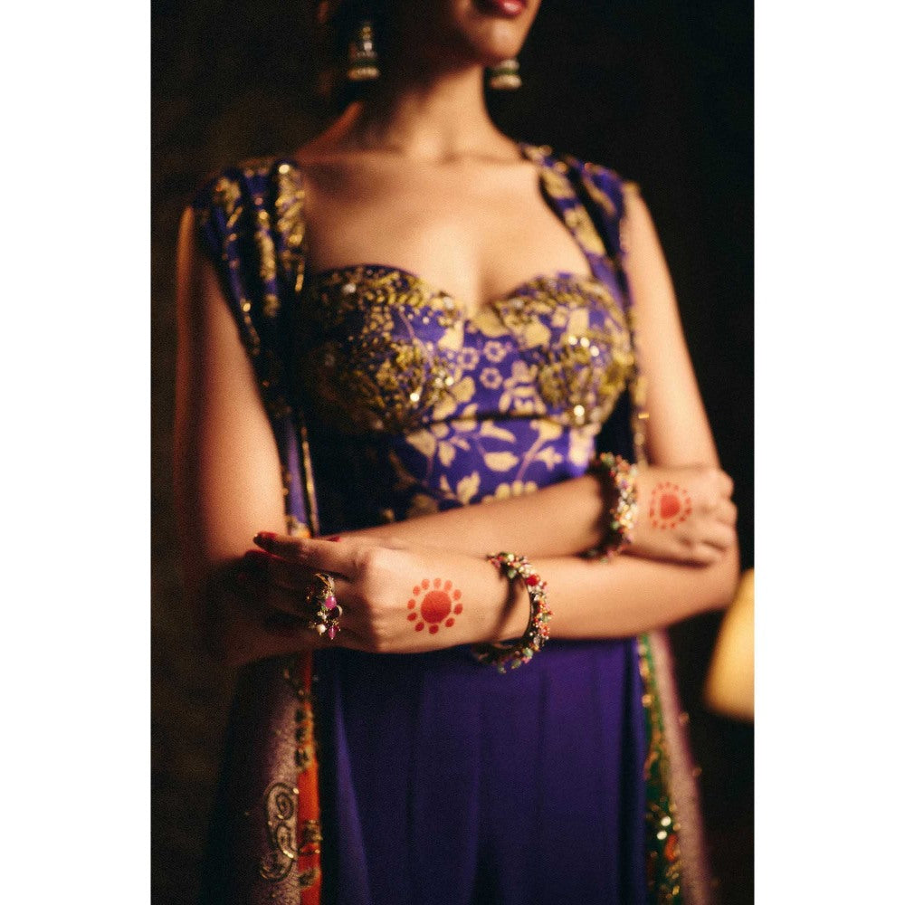 Aayushi Maniar Blue Arundhati Kalidar Jacket with Corset Top and Sharara (Set of 3)