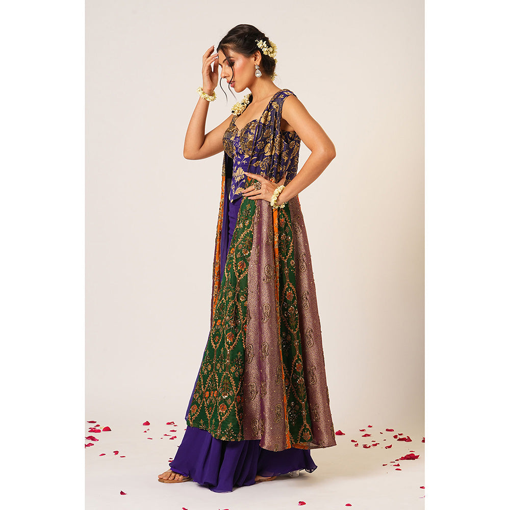 Aayushi Maniar Blue Arundhati Kalidar Jacket with Corset Top and Sharara (Set of 3)