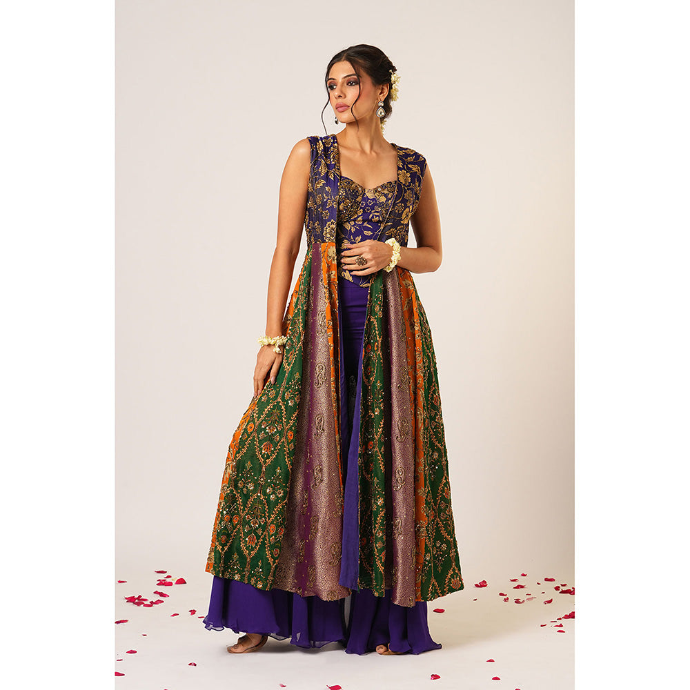 Aayushi Maniar Blue Arundhati Kalidar Jacket with Corset Top and Sharara (Set of 3)