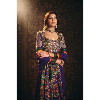 Aayushi Maniar Blue Tara Anarkali with Churidar and Dupatta (Set of 3)