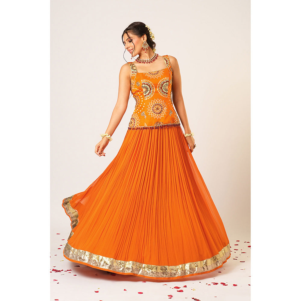 Aayushi Maniar Orange Gola Kari Lehenga with Kurti and Dupatta (Set of 3)